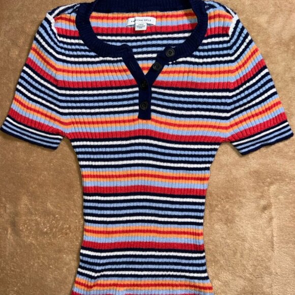 American Eagle Women Small Stripe Short Sleeve 4‎ Button Knitted Sweater Top (R) - Picture 1 of 4